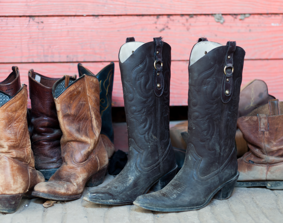 Various cowboy boots against a wooden wall.