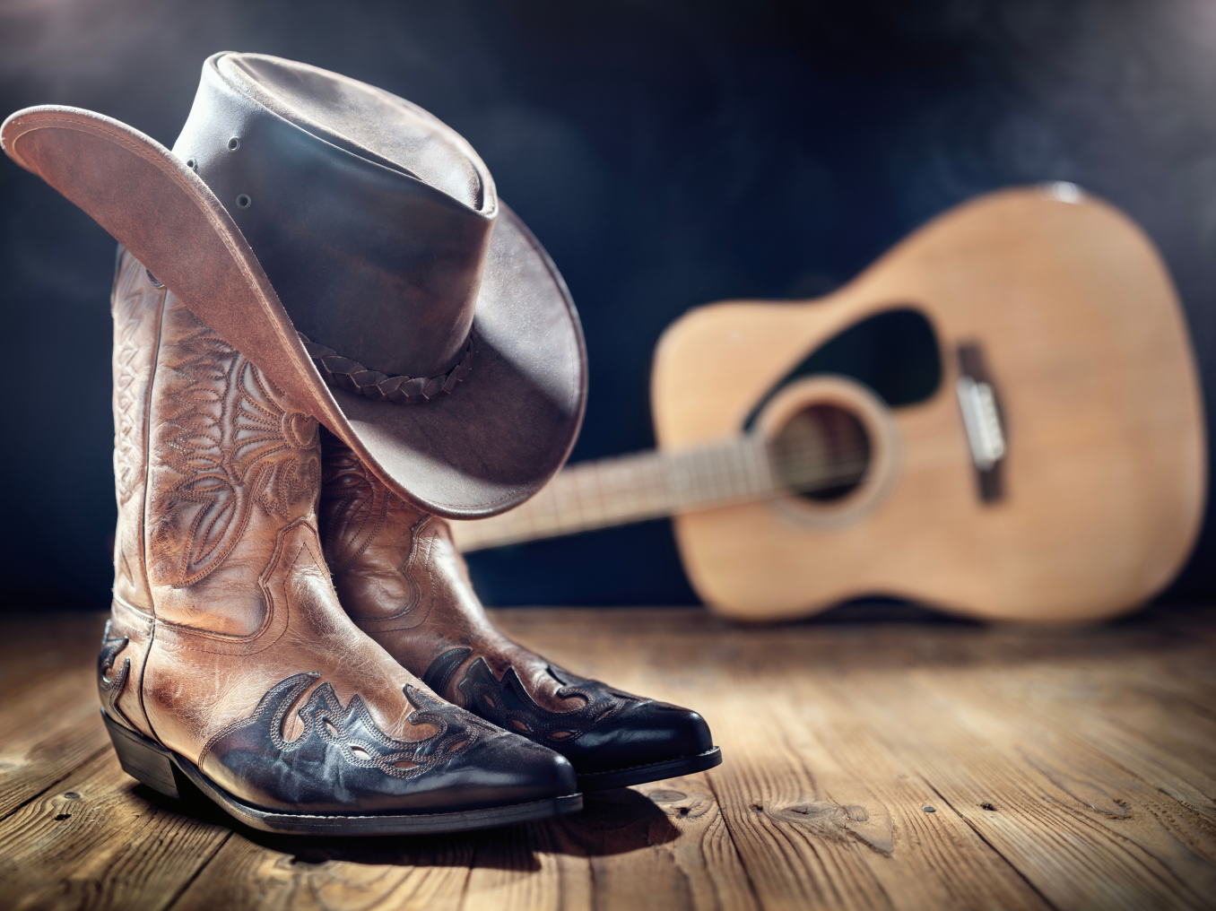 Cowboy boots, hat, and guitar on floor.