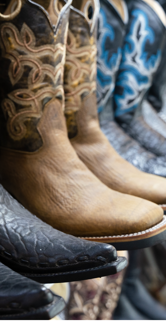 Close-up of various cowboy boots displayed.